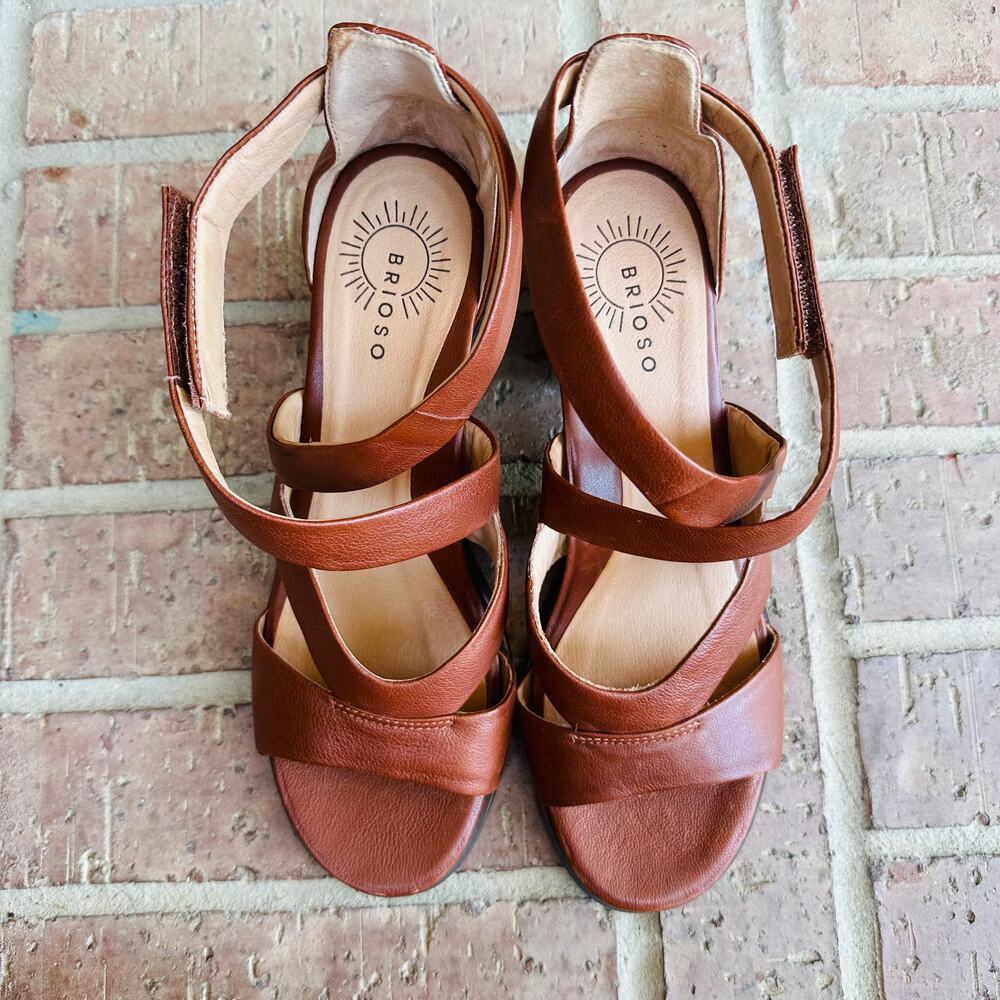 Brioso Women's Brown Leather Adjustable Strappy Block Heel Sandals Size 10M - Picture 5 of 10